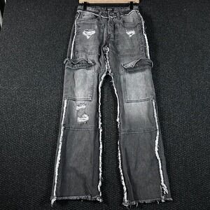 BoohooMAN Distressed Cargo Jeans Grey Ripped Frayed Hem Men's Size 28x32